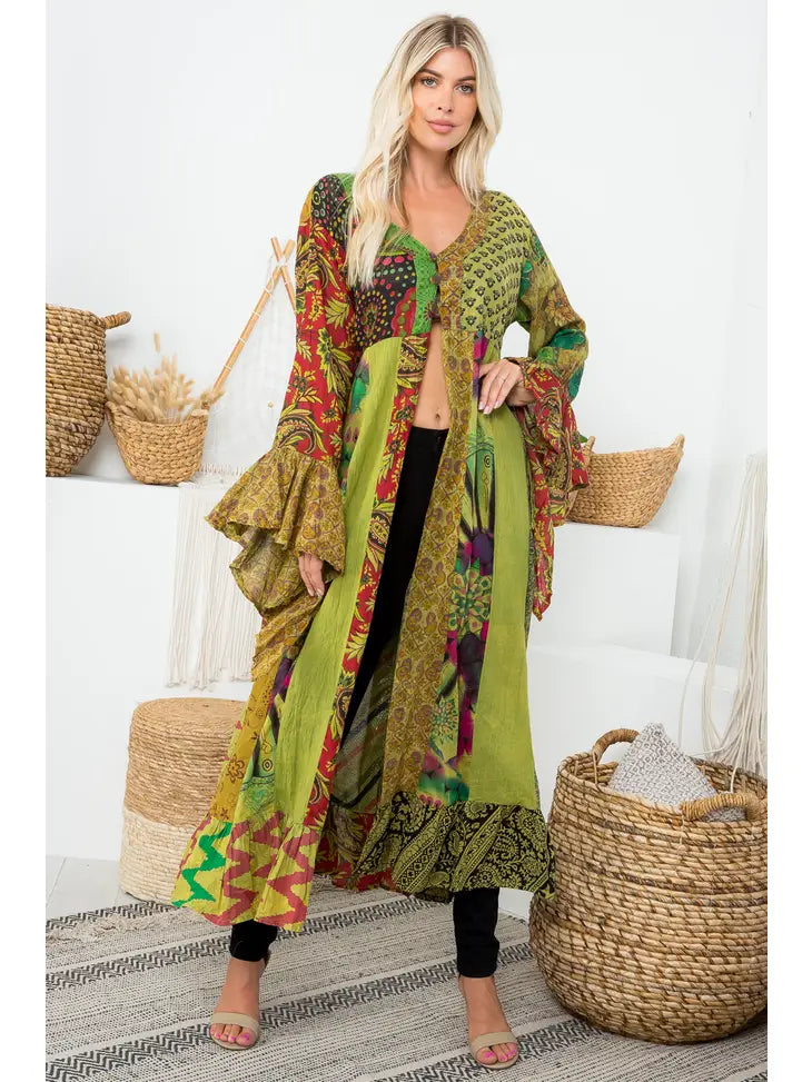 Long Bell Sleeve Kimono - Olive Patchwork