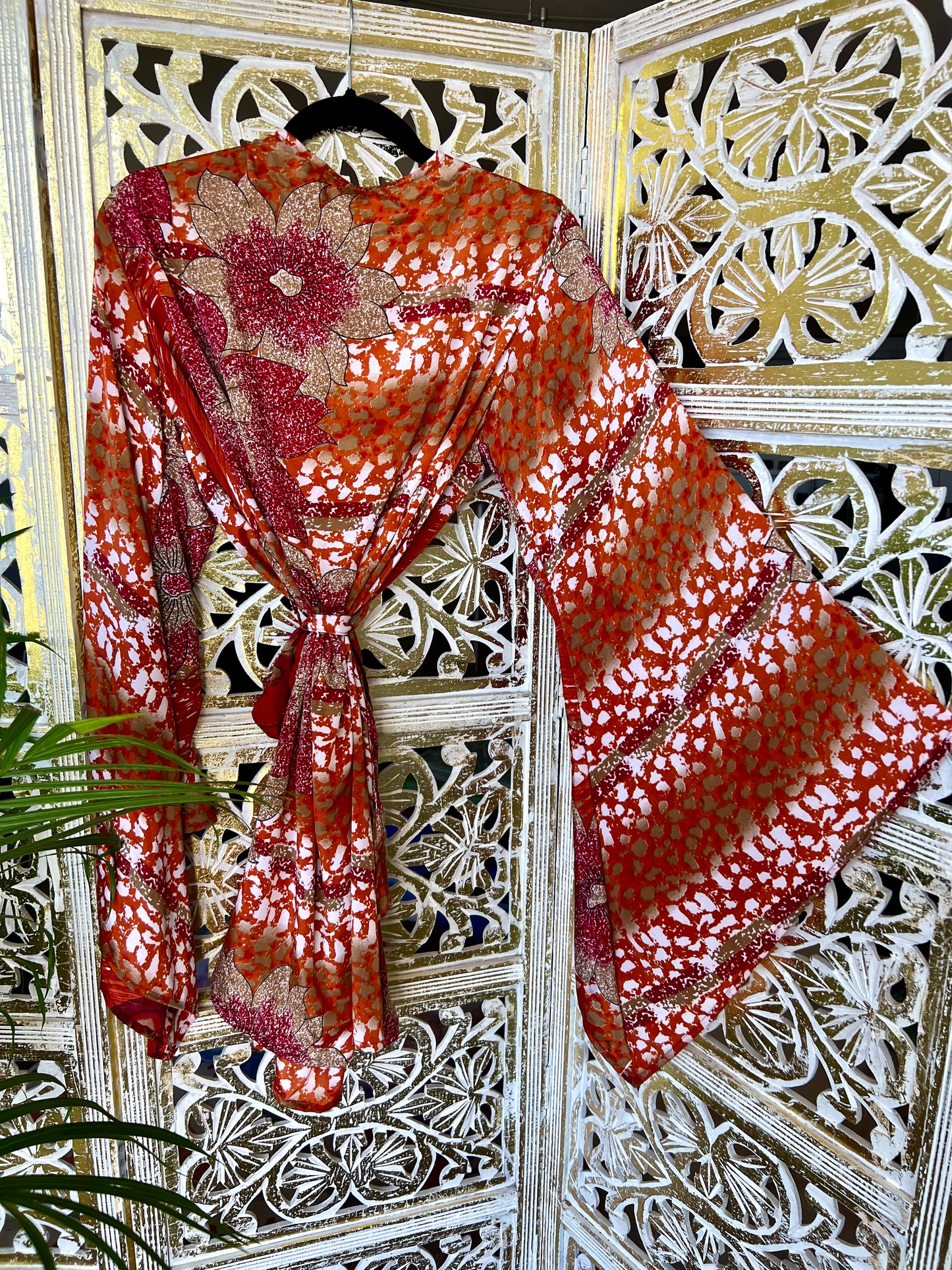Silk Sari Robe (Short) - Red Floral