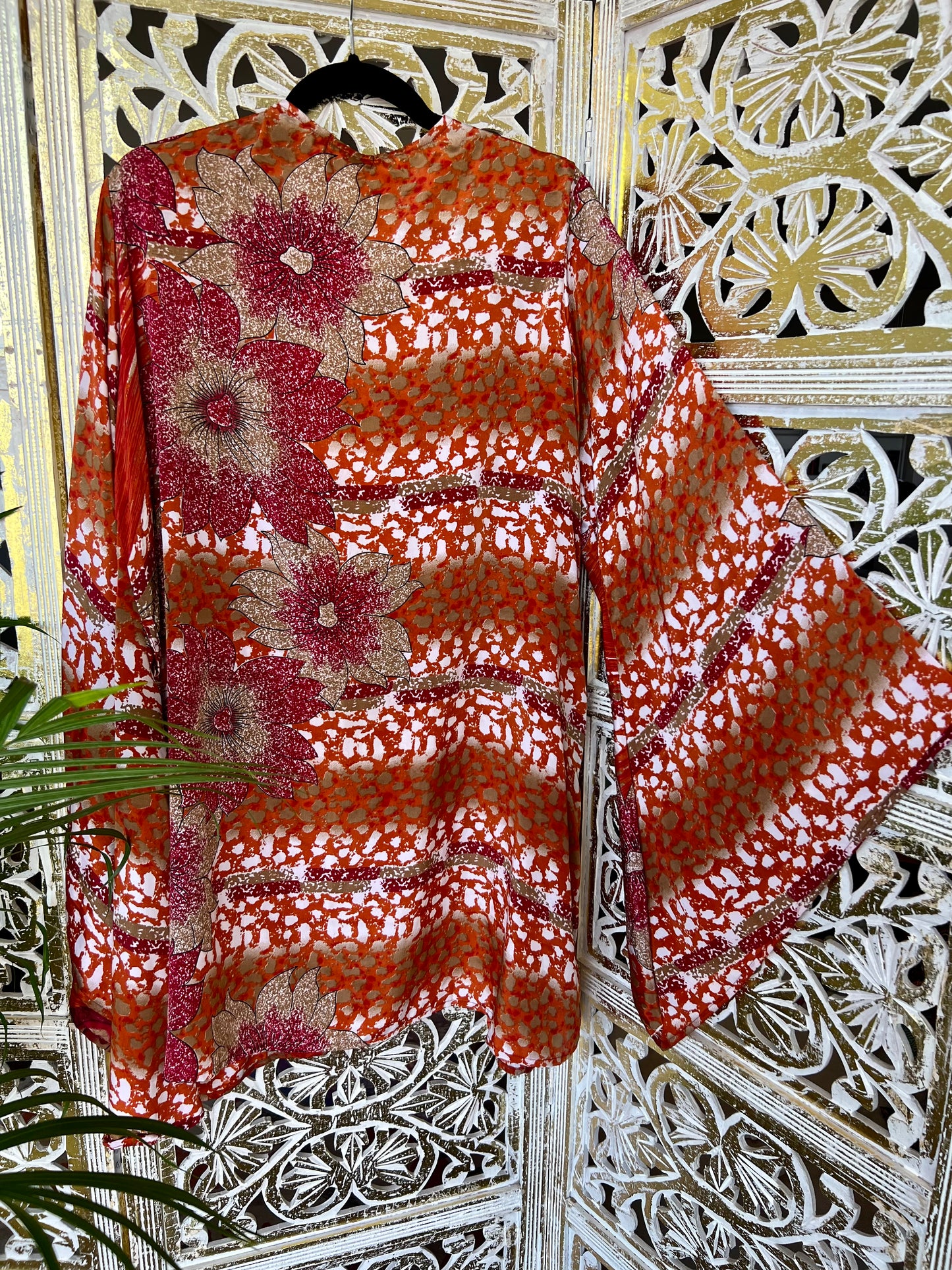 Silk Sari Robe (Short) - Red Floral