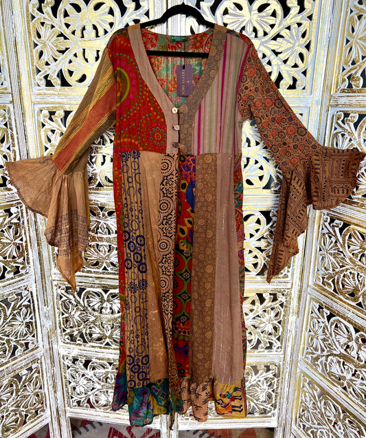 Long Bell Sleeve Kimono - Rust Patchwork