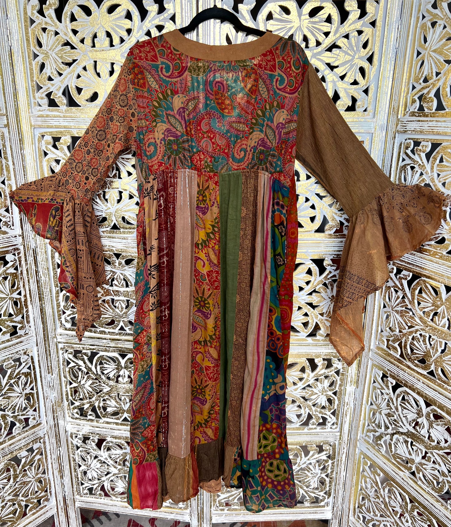 Long Bell Sleeve Kimono - Rust Patchwork