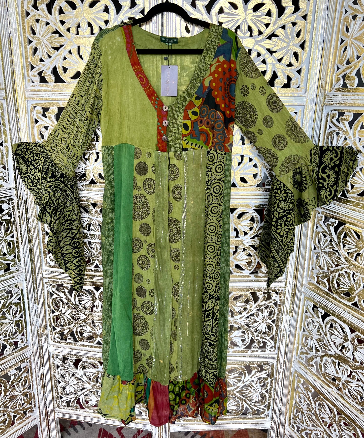 Long Bell Sleeve Kimono - Olive Patchwork