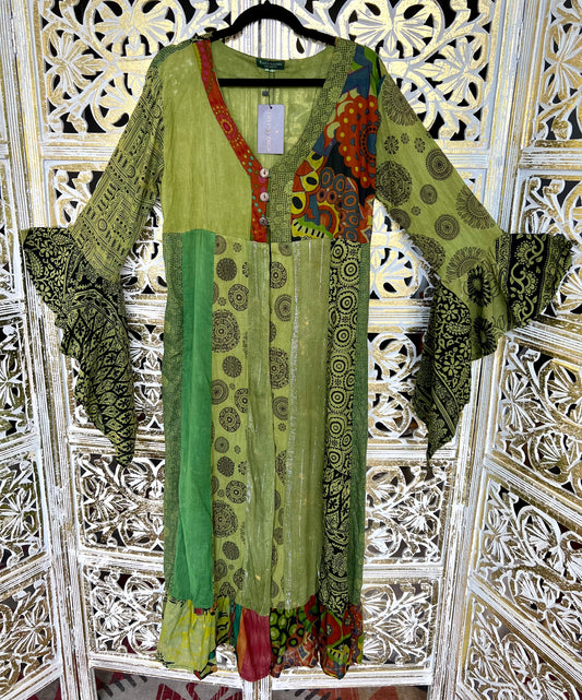 Long Bell Sleeve Kimono - Olive Patchwork