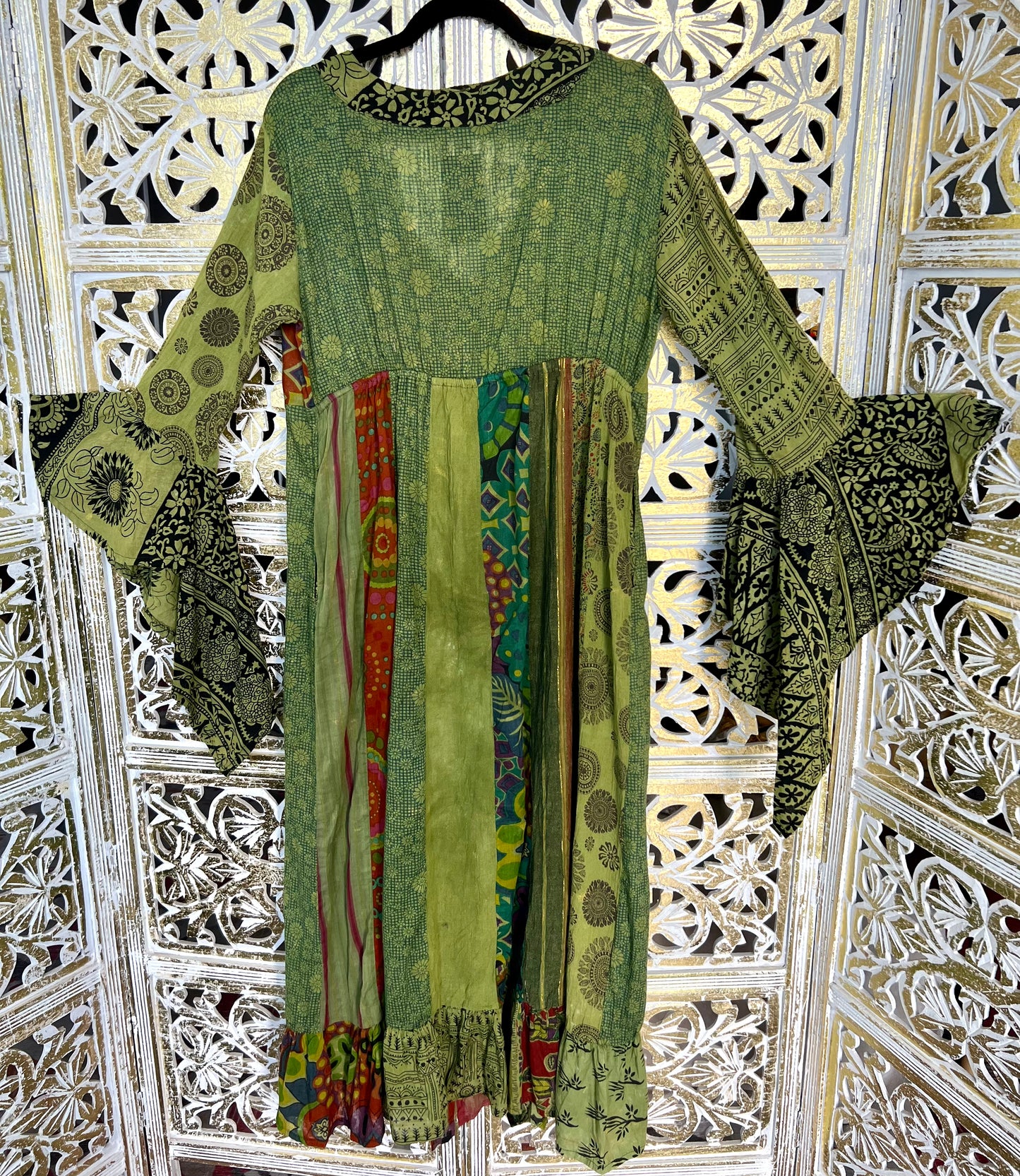 Long Bell Sleeve Kimono - Olive Patchwork