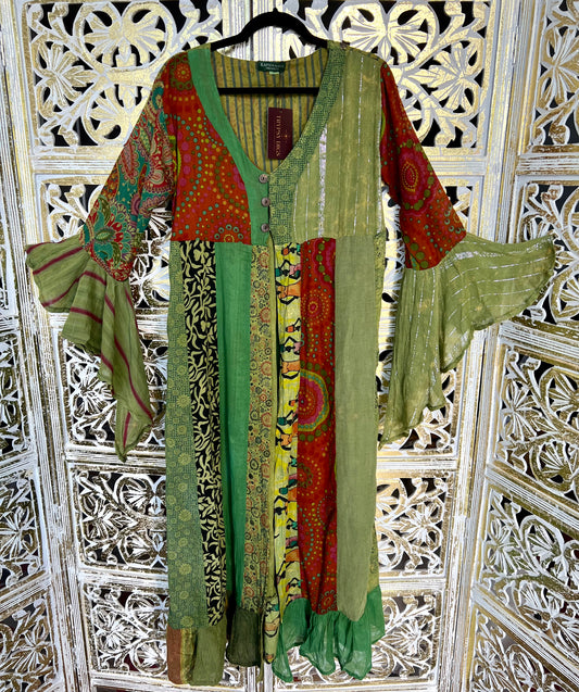 Long Bell Sleeve Kimono - Olive Patchwork s/m