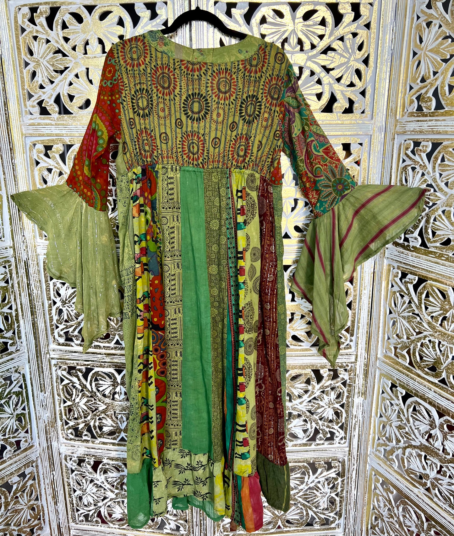 Long Bell Sleeve Kimono - Olive Patchwork s/m