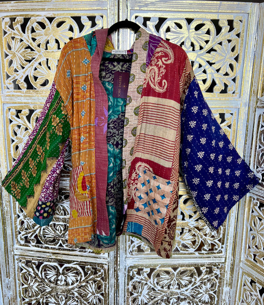 Kantha Kimono w Hood - Dark Patchwork