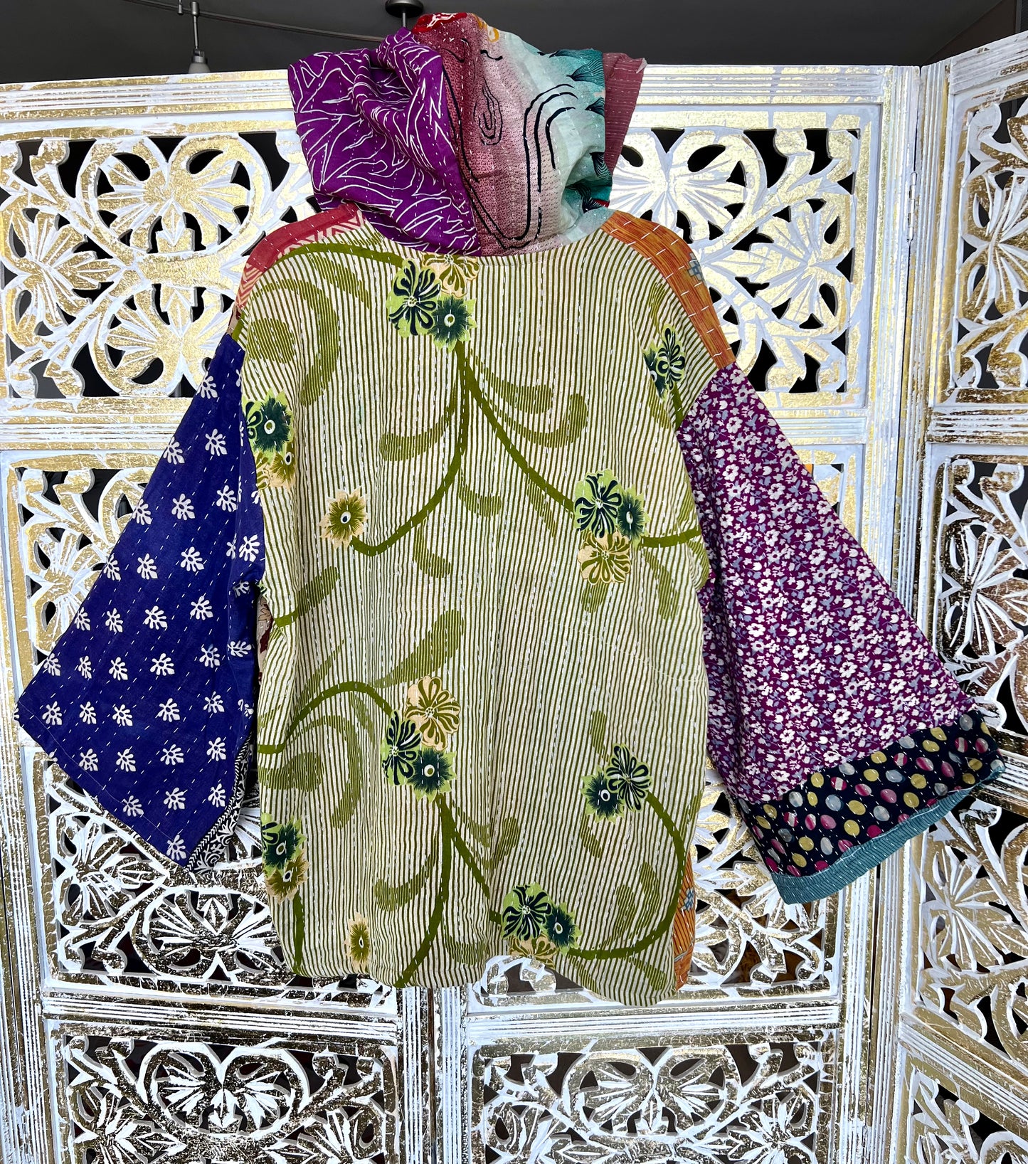 Kantha Kimono w Hood - Dark Patchwork