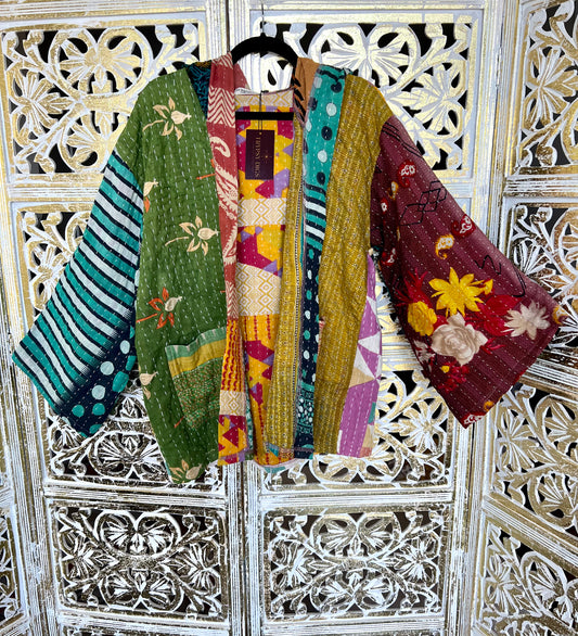 Kantha Kimono w Hood - Light Patchwork