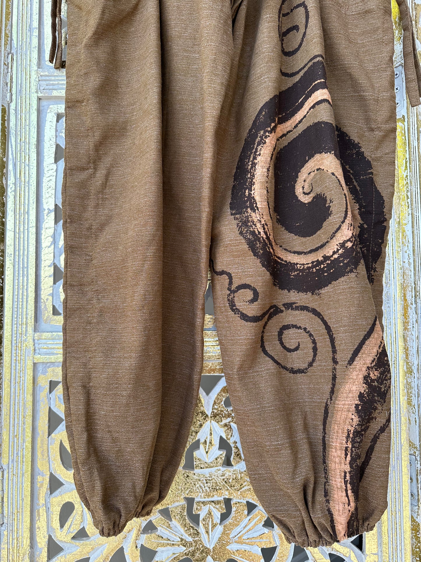 Pants with Hand Painted Spiral Print - Brown