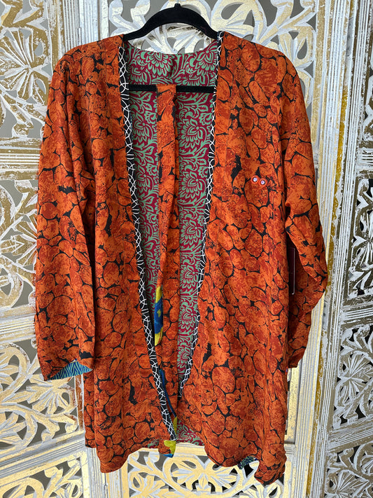 Short Silk Kimono Robe (reversible) - Orange & Red/Teal