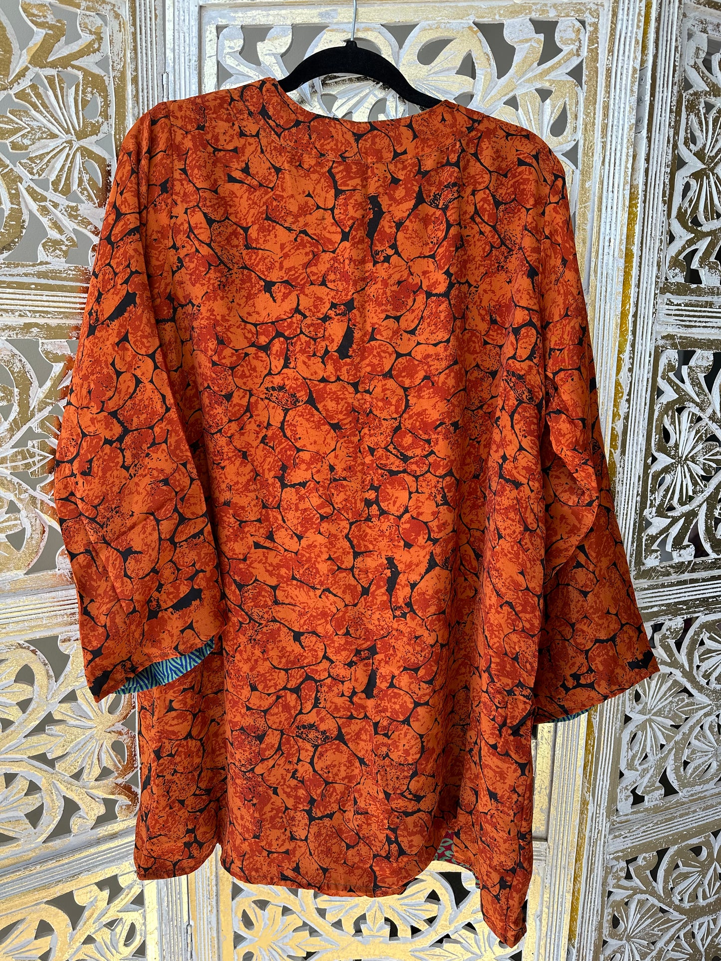 Short Silk Kimono Robe (reversible) - Orange & Red/Teal