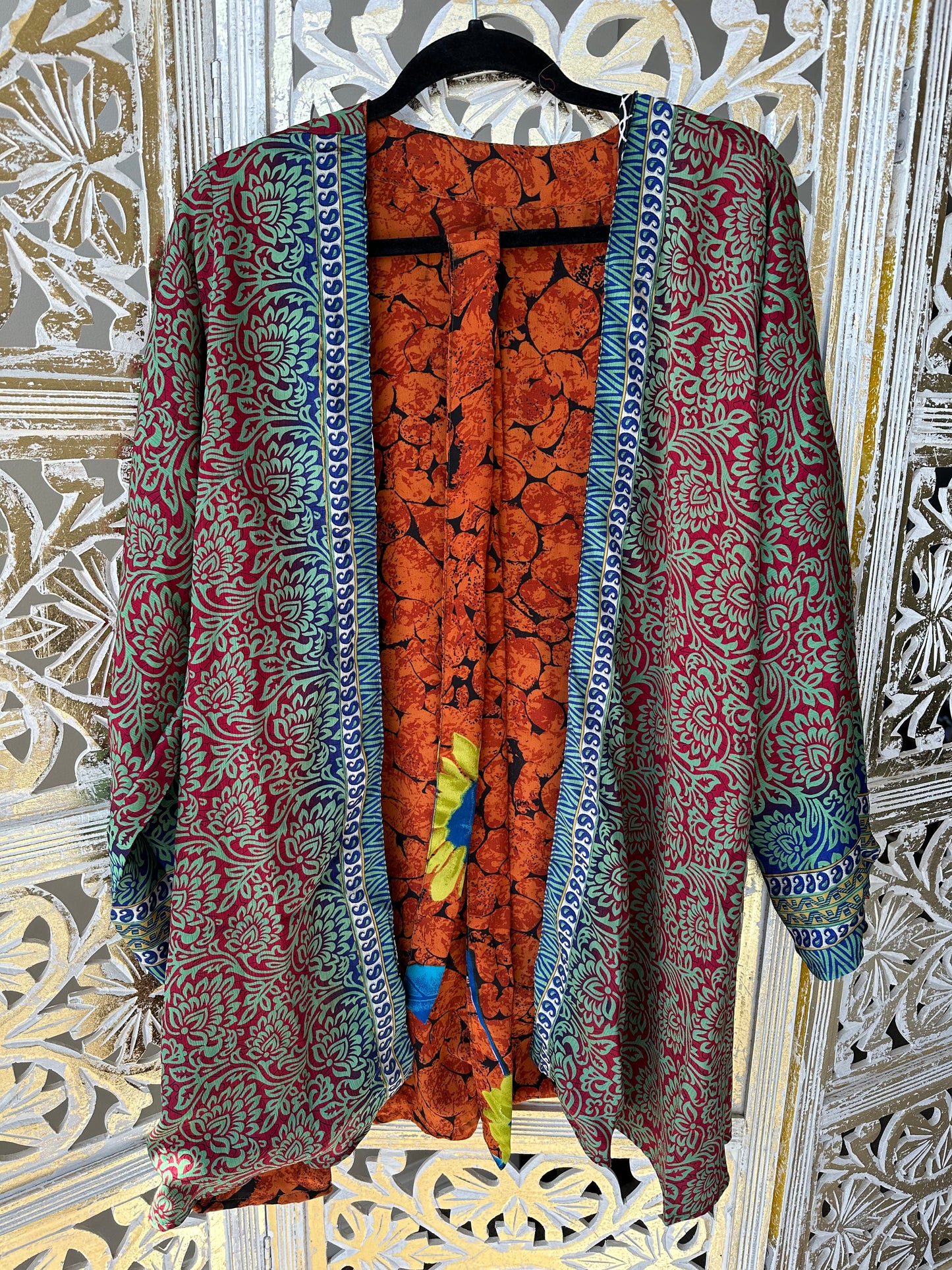 Short Silk Kimono Robe (reversible) - Orange & Red/Teal