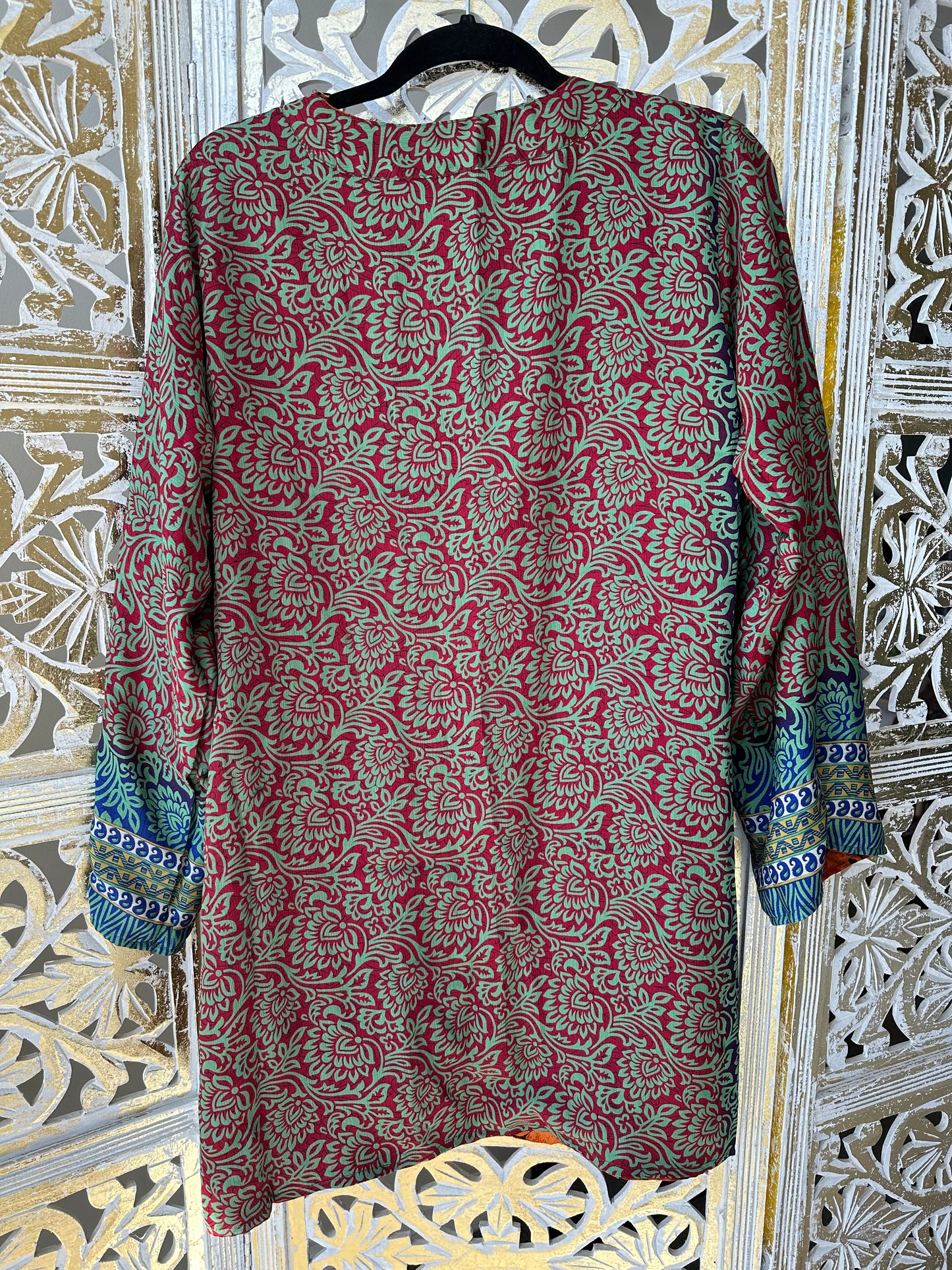 Short Silk Kimono Robe (reversible) - Orange & Red/Teal