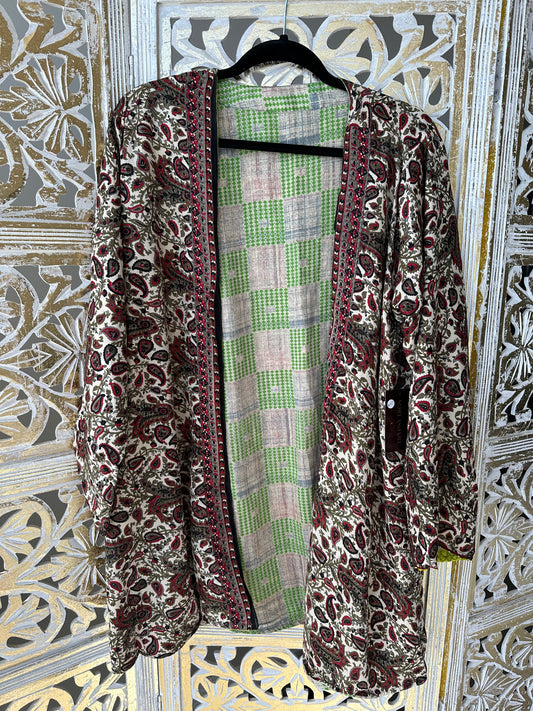 Short Silk Kimono Robe (reversible) - Green & Red/Paisley