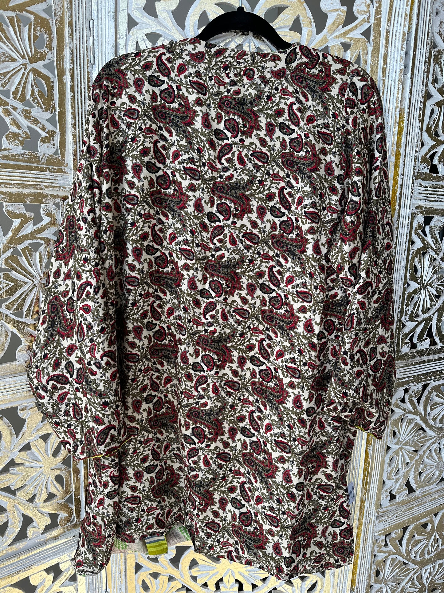Short Silk Kimono Robe (reversible) - Green & Red/Paisley