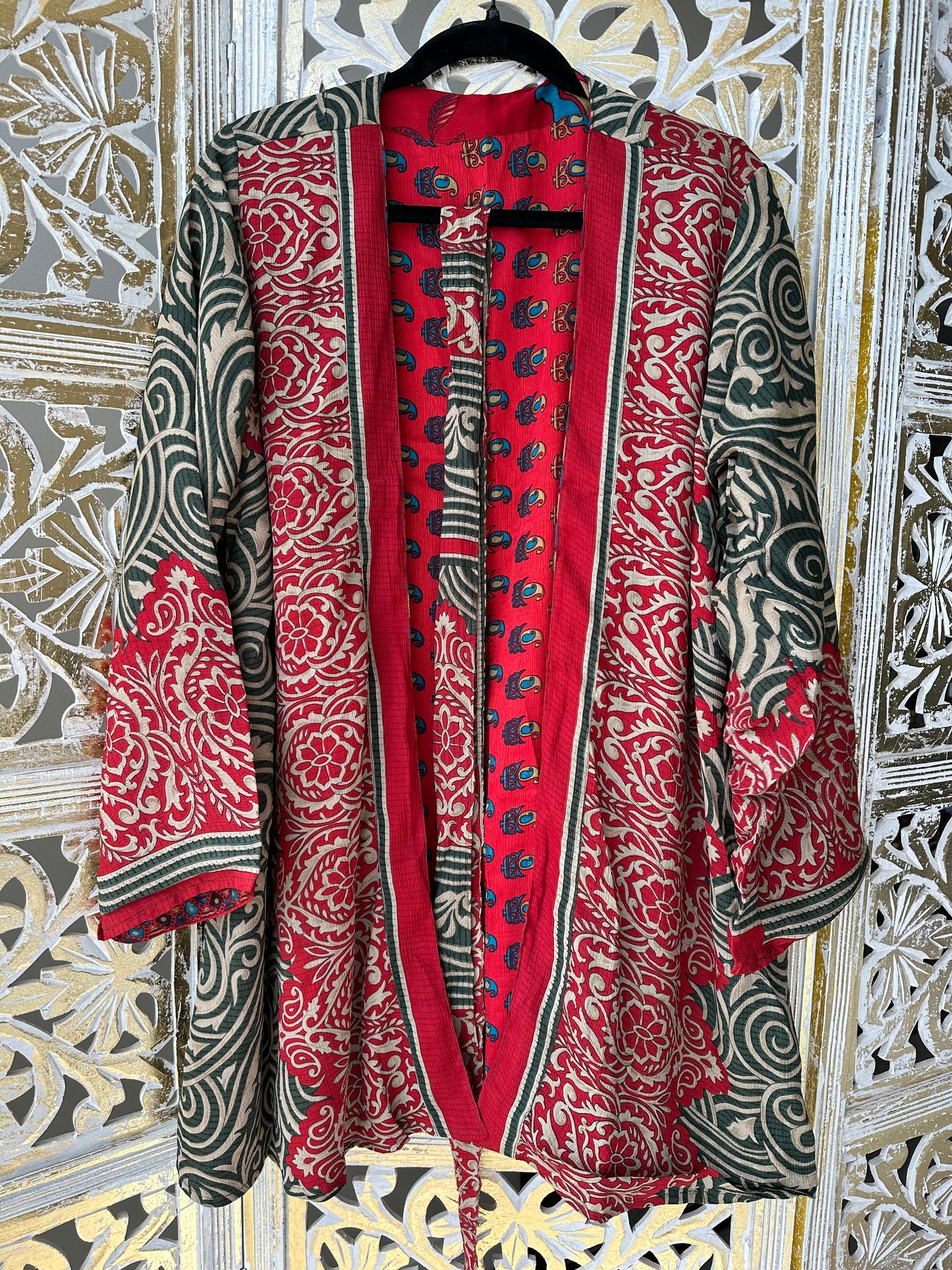 Short Silk Kimono Robe (reversible) - Red & Green