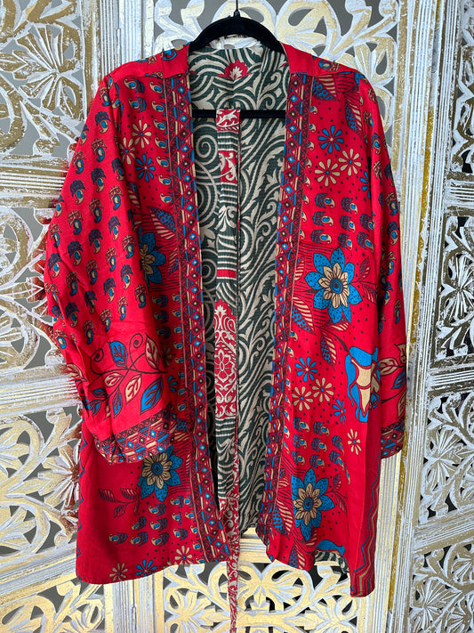 Short Silk Kimono Robe (reversible) - Red & Green