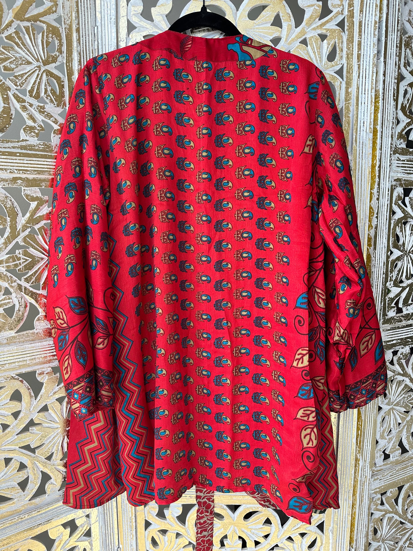 Short Silk Kimono Robe (reversible) - Red & Green