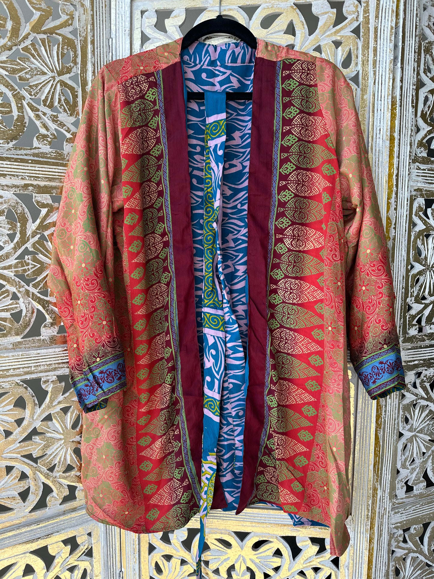 Short Silk Kimono Robe (reversible) - Peach & Blue