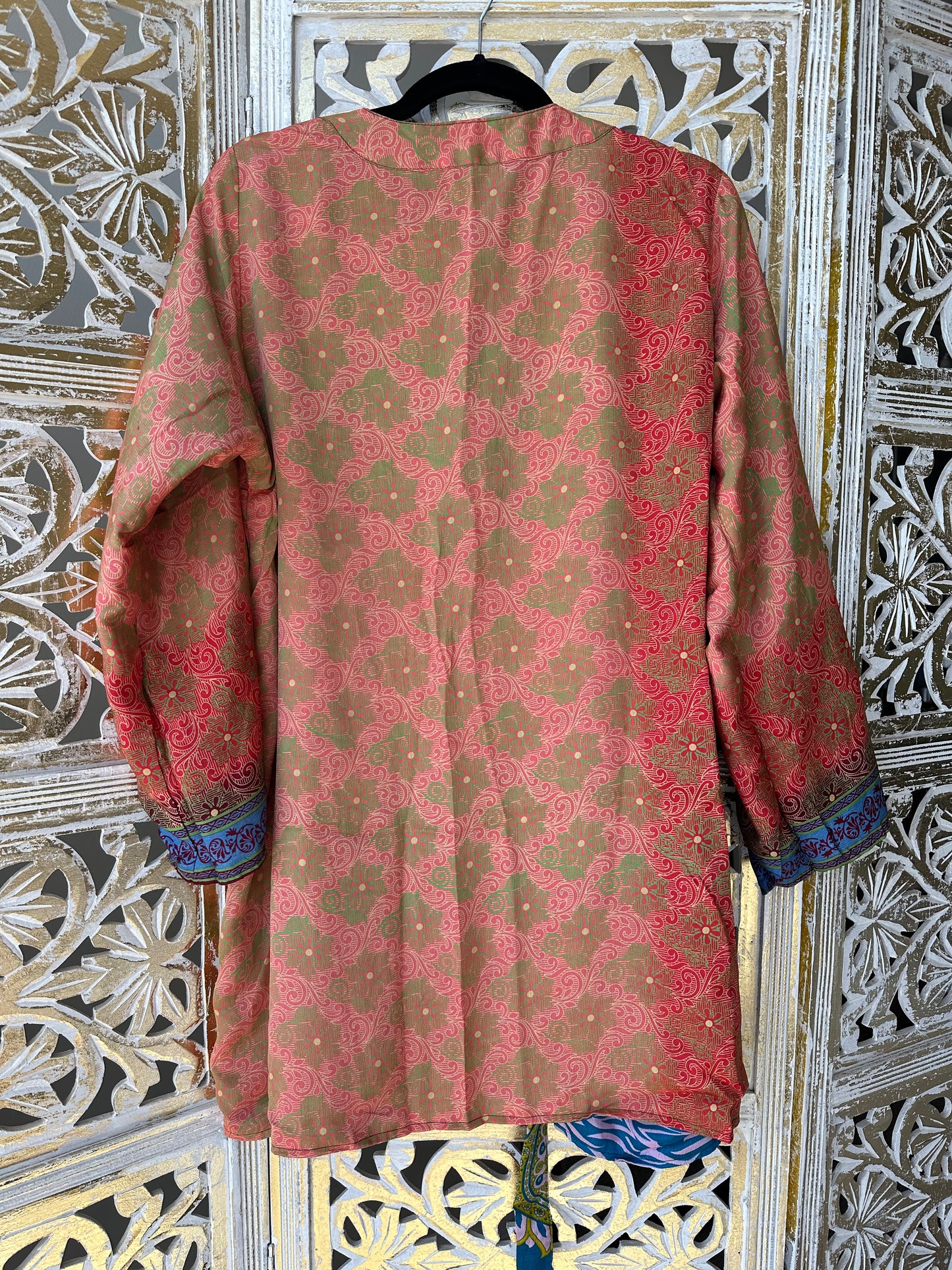 Short Silk Kimono Robe (reversible) - Peach & Blue