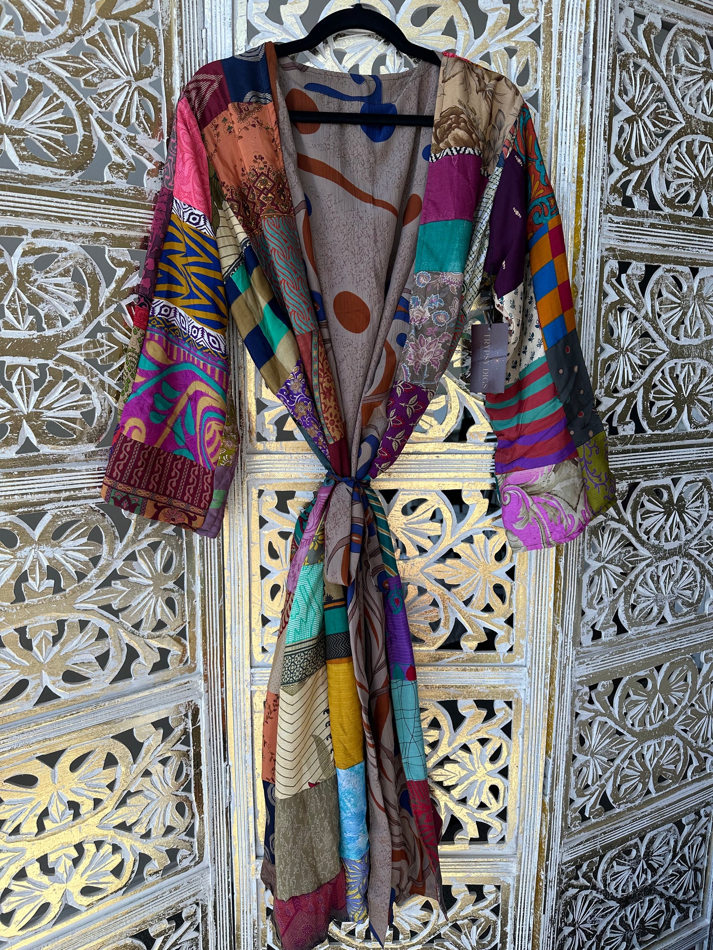 Silk Kimono (reversible) - Tan & Patchwork