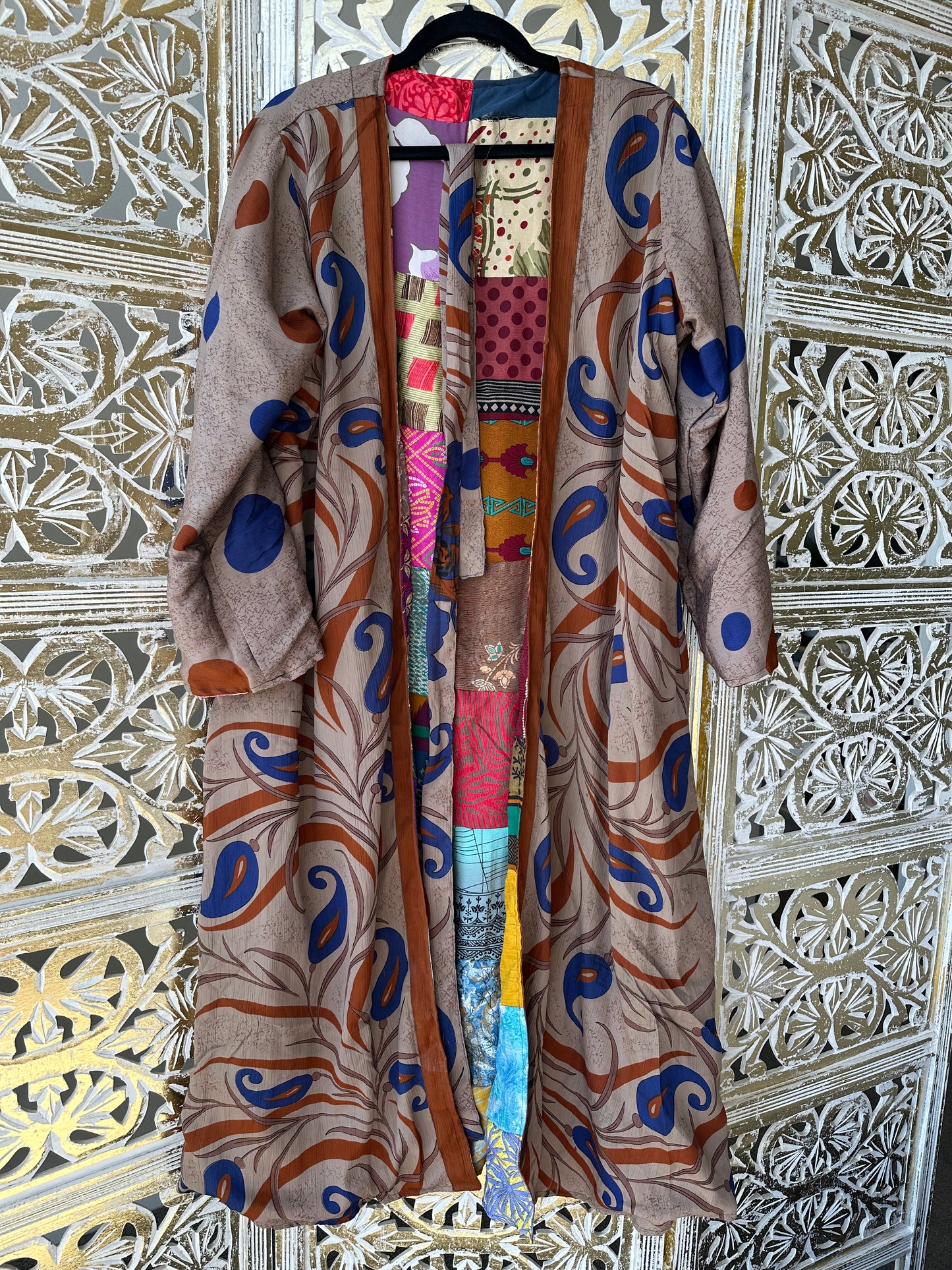Silk Kimono (reversible) - Tan & Patchwork