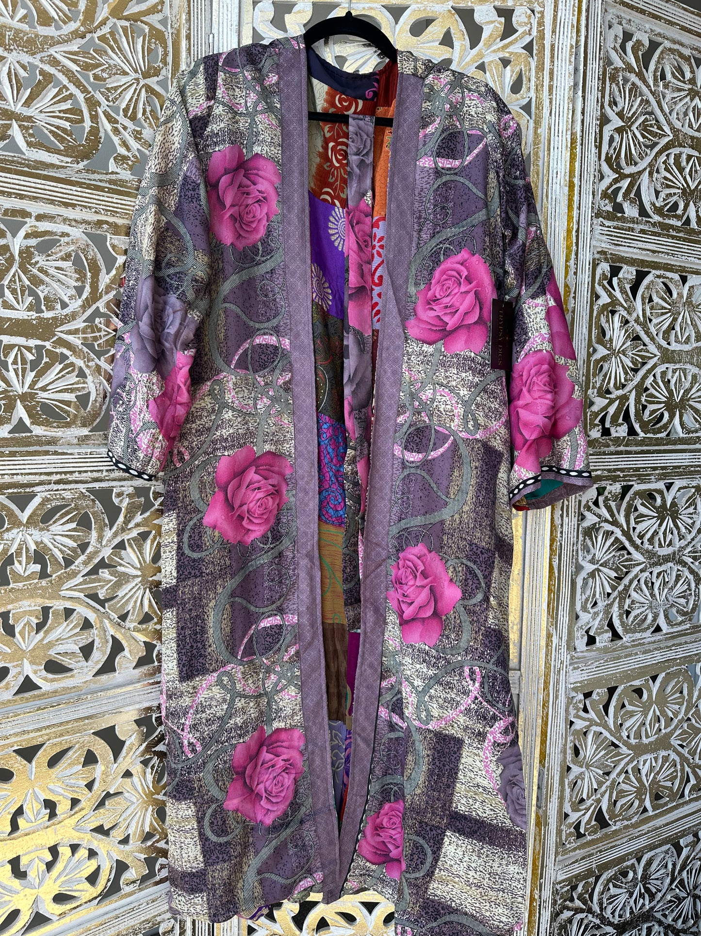 Silk Kimono (reversible) - Pink Floral & Patchwork