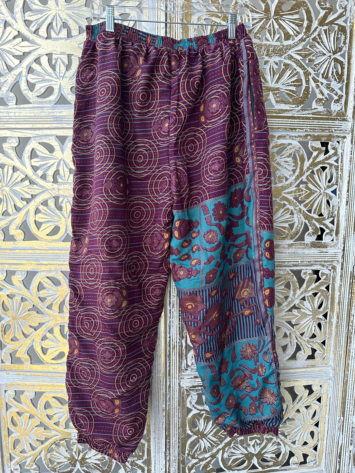 Silk Sari Pants - Maroon & Gold