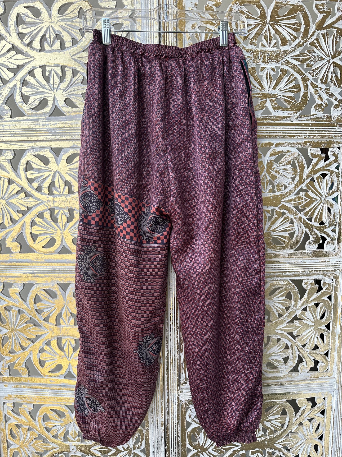 Silk Sari Pants - Rose Gold & Maroon