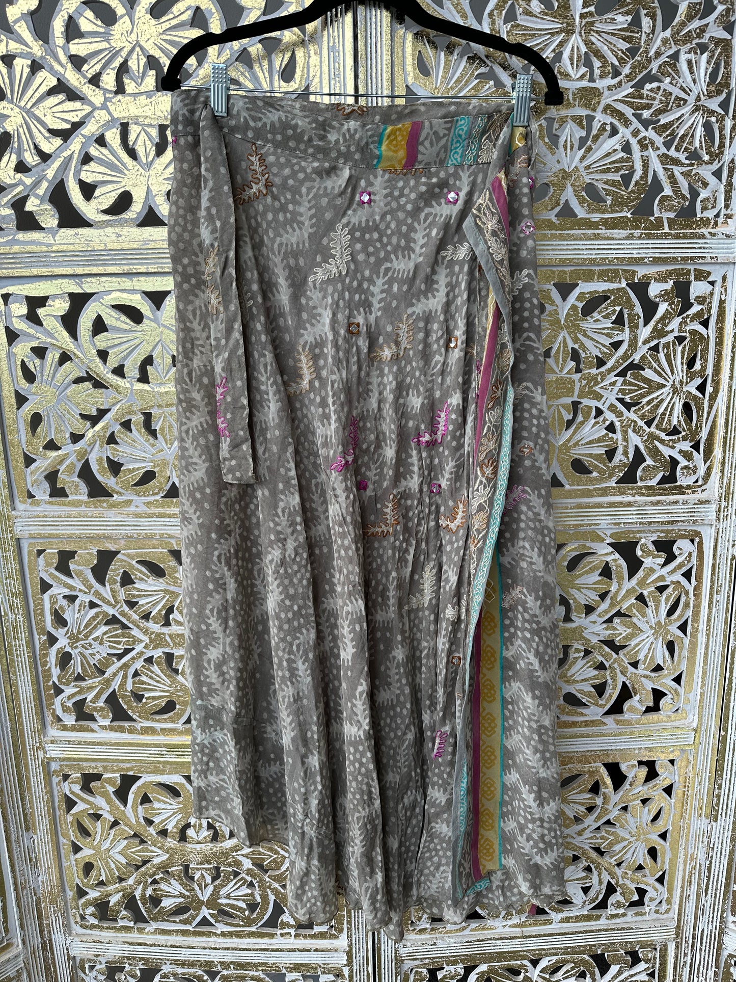 Silk Sari Wrap Skirt - Gold & Purple Beaded