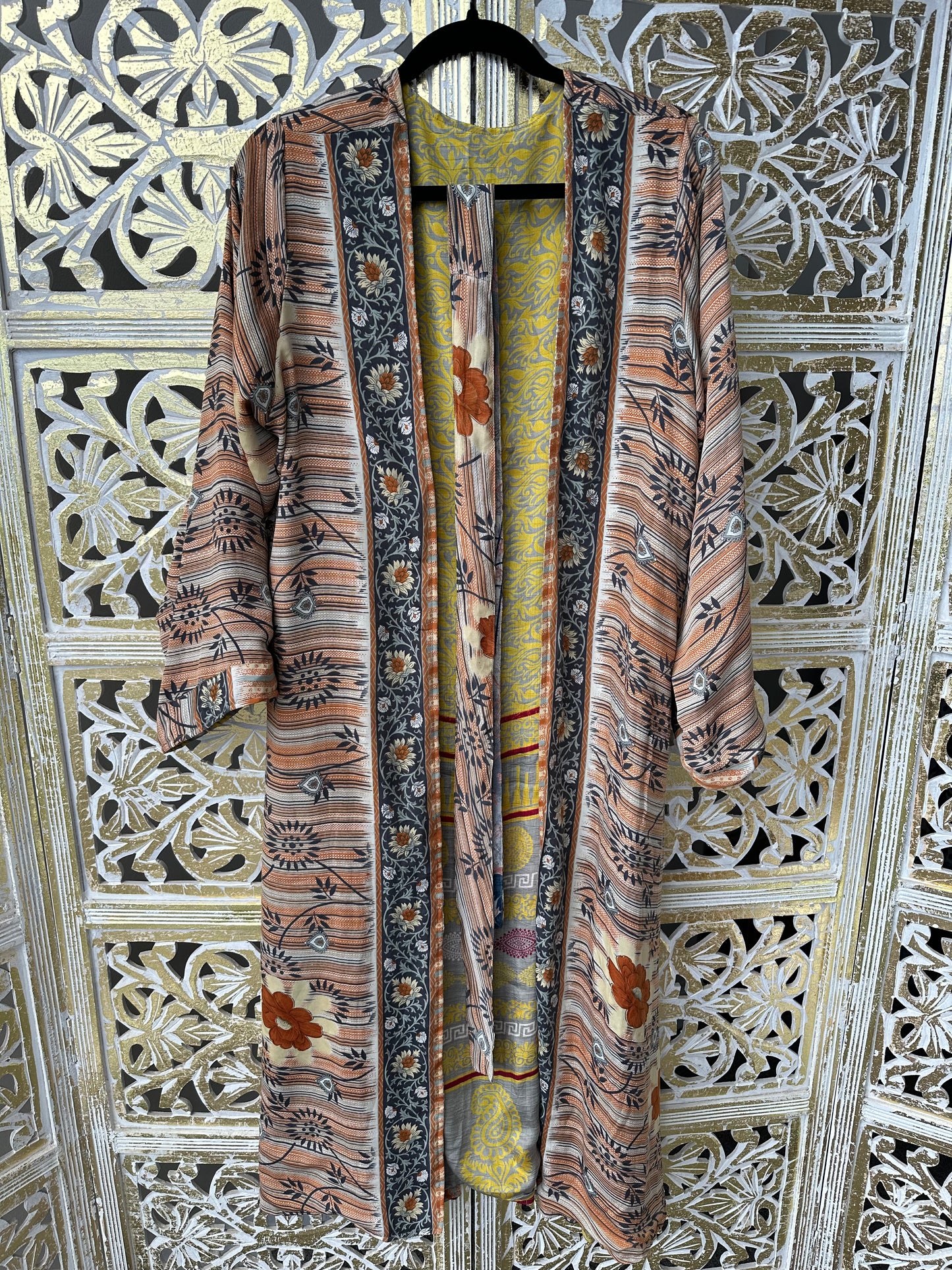 Silk Sari Double Sided Robe - Yellow/Orange & Grey