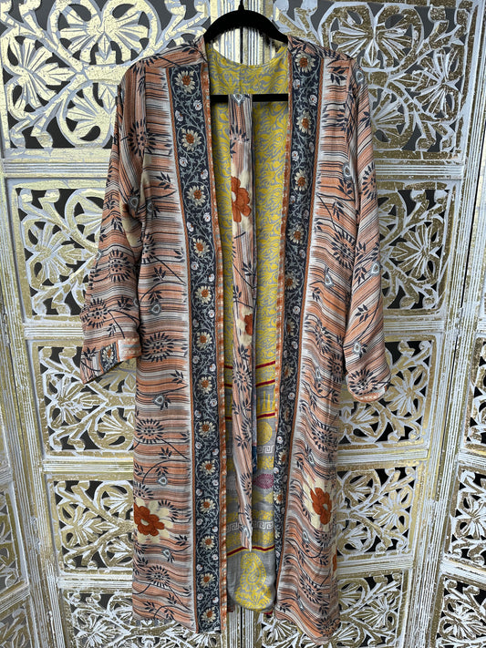Silk Sari Double Sided Robe - Yellow/Orange & Grey