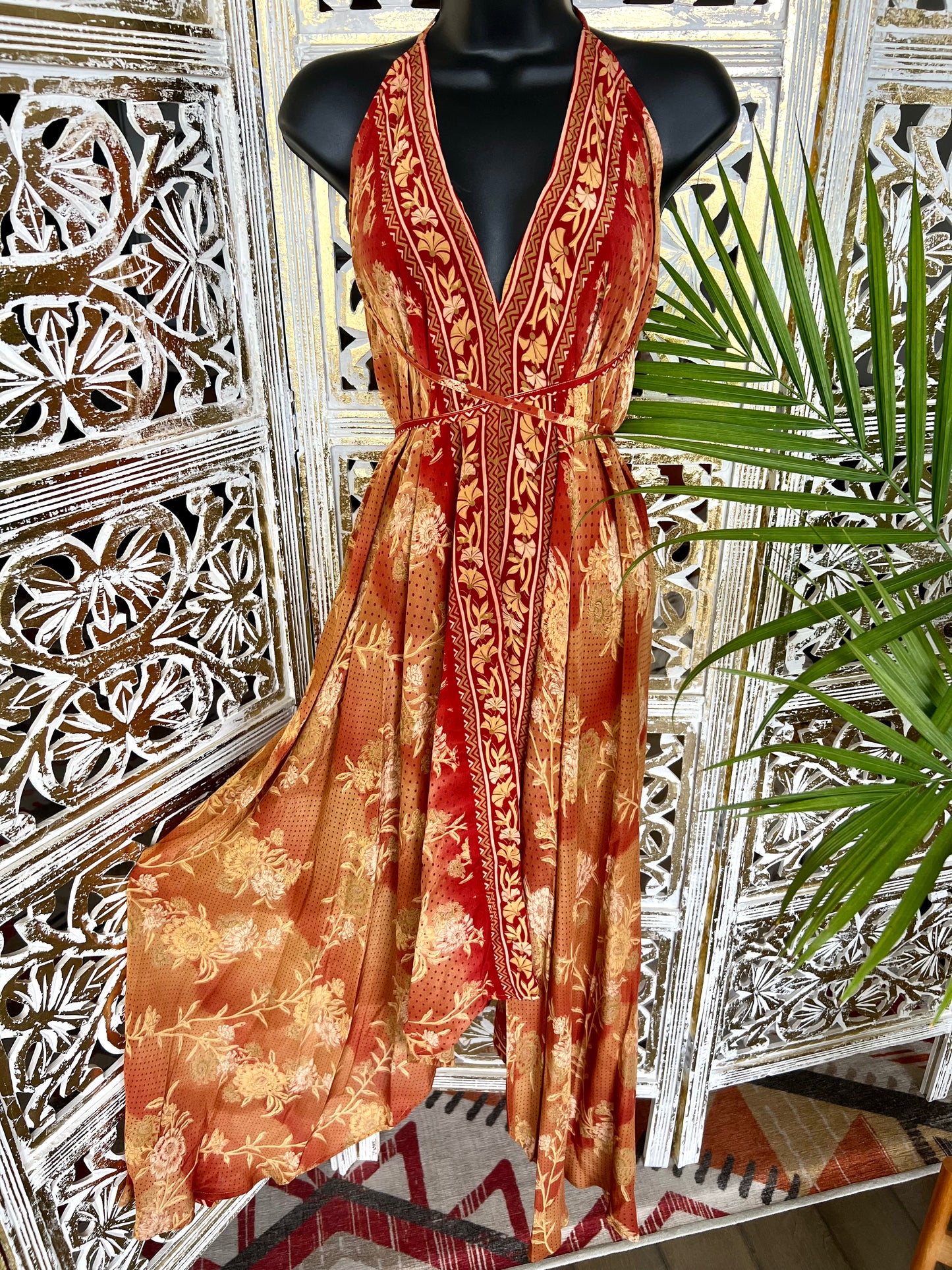 Silk Sari Dress - Red/Orange