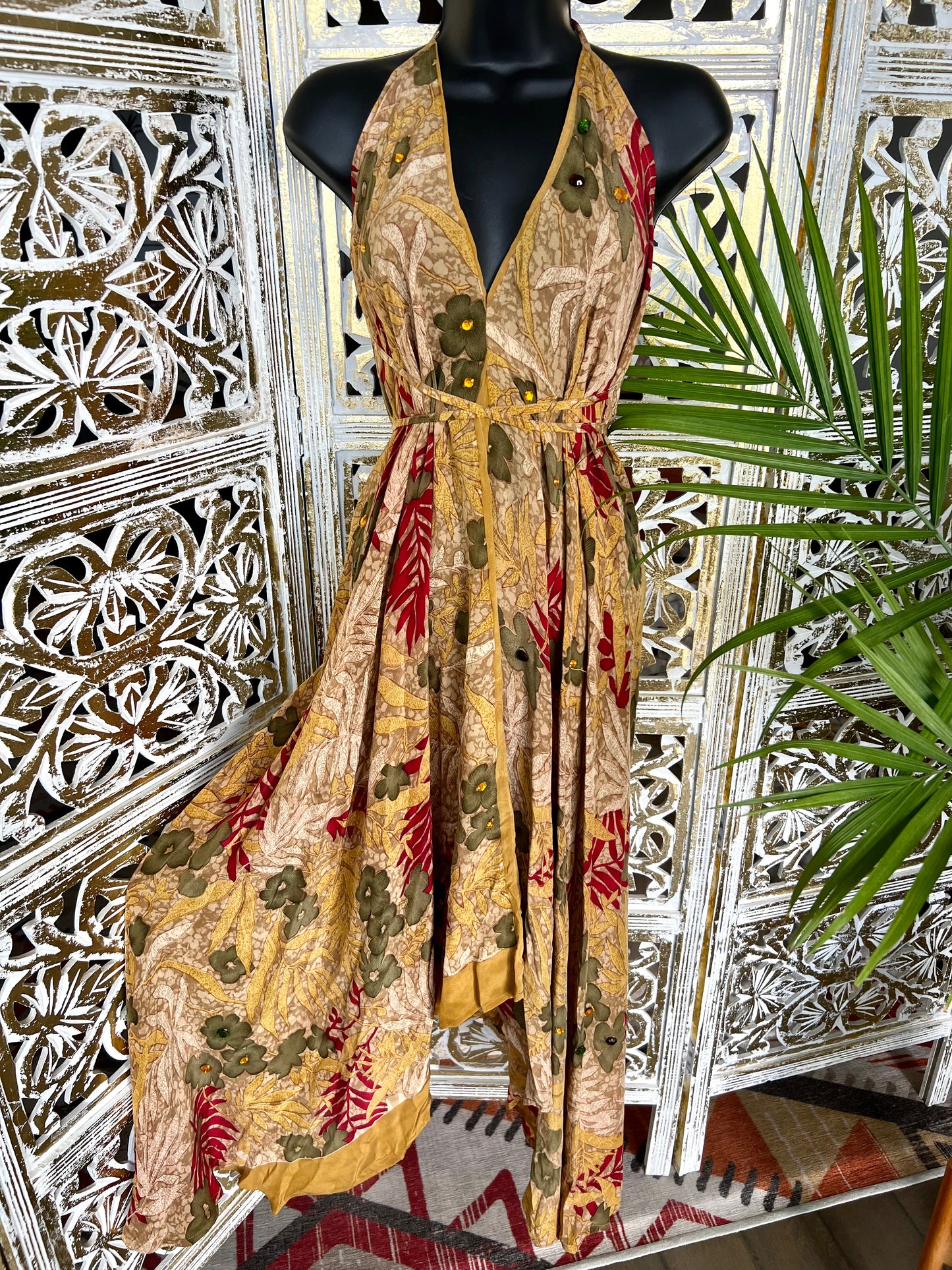 Silk Sari Dress - Green Floral
