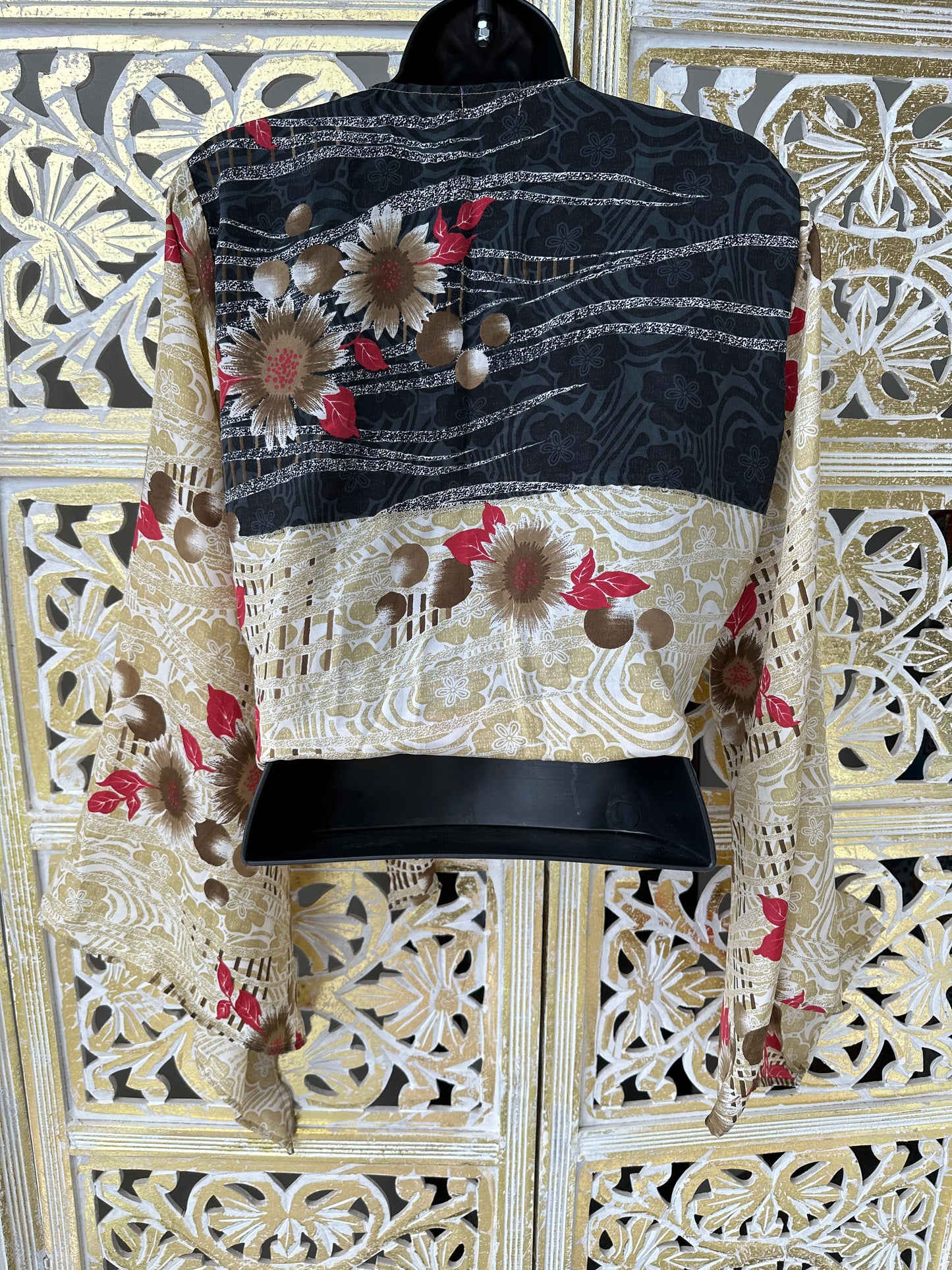 Silk Sari Goddess Top - Black & Champagne Floral