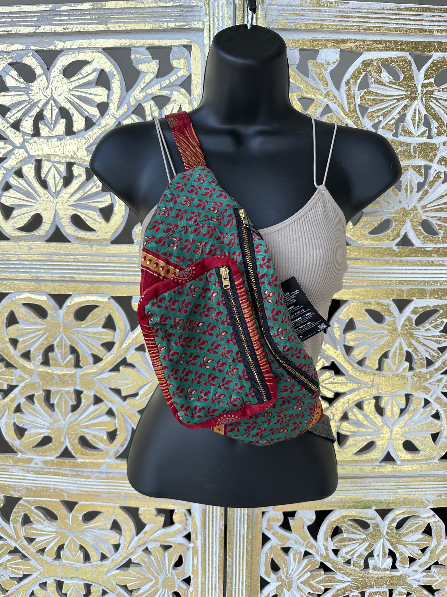 Silk Sari Fanny Pack - Sea Green & Red