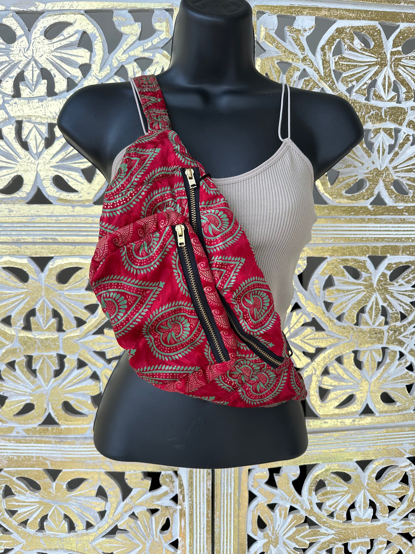 Silk Sari Fanny Pack - Red & Mint Green