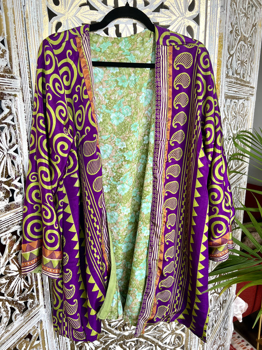 Short Silk Kimono Robe (reversible) - Flowers & Funk
