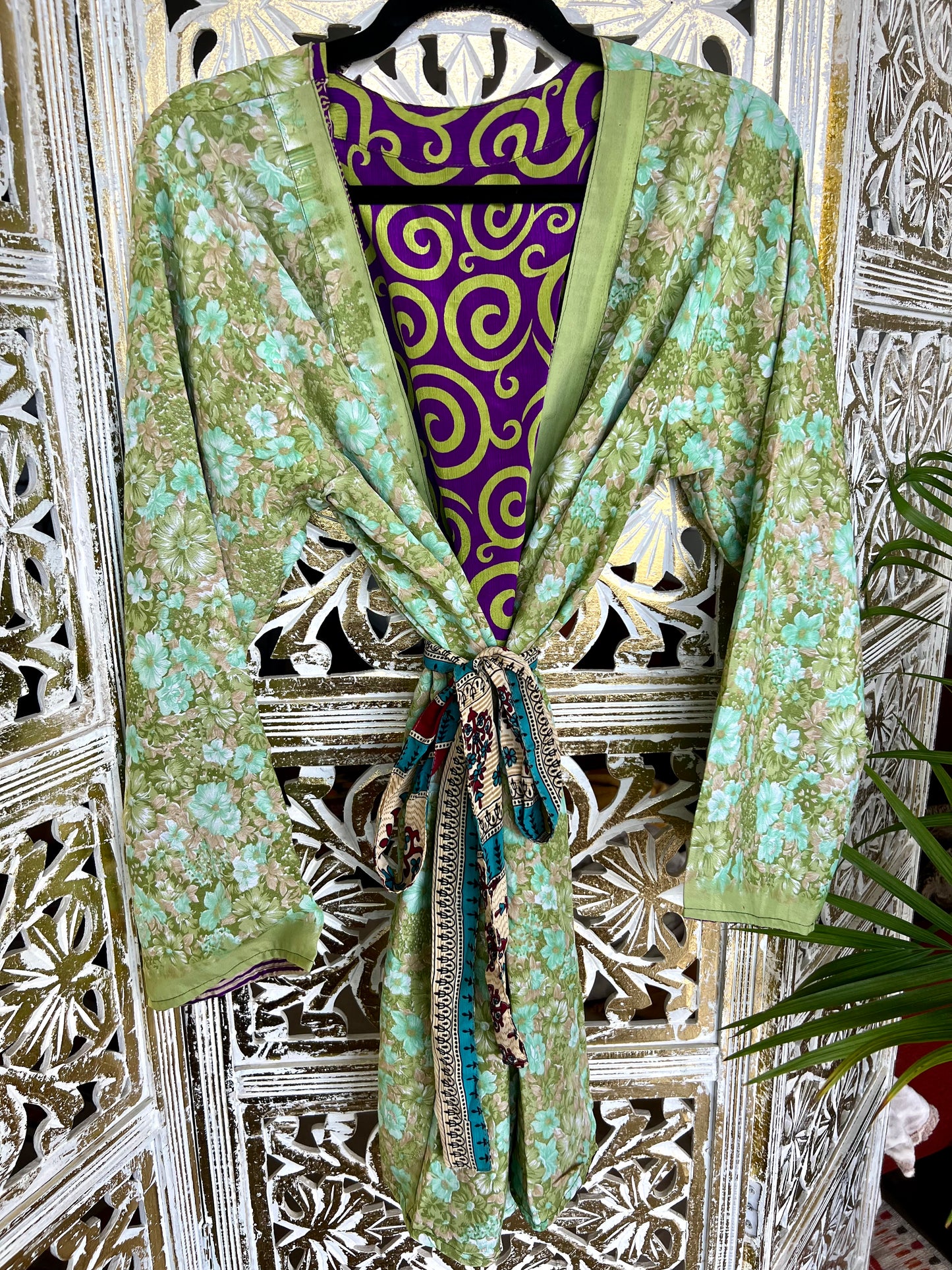 Short Silk Kimono Robe (reversible) - Flowers & Funk