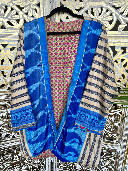 Short Silk Kimono Robe (reversible) - Blue & Pink