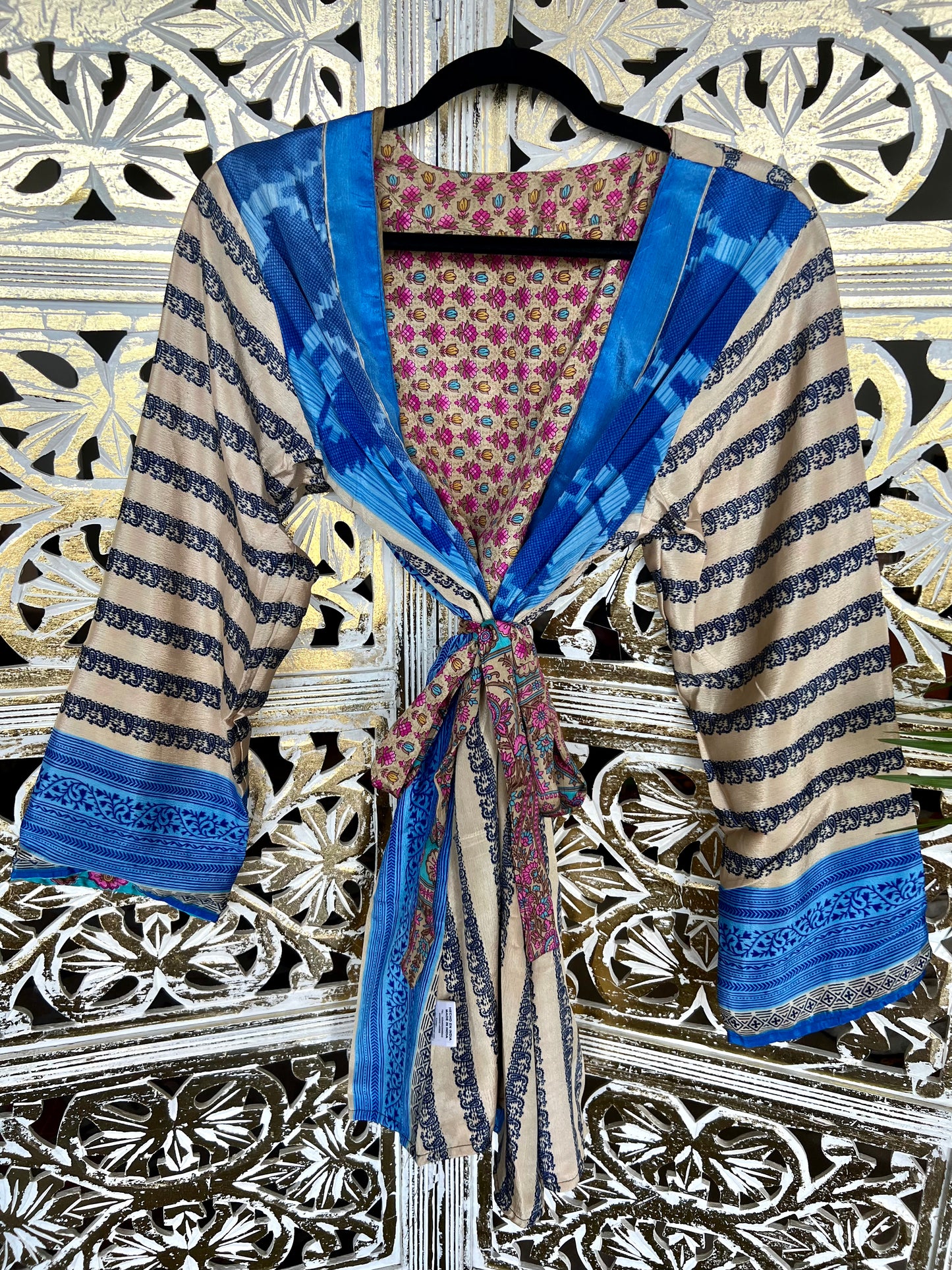 Short Silk Kimono Robe (reversible) - Blue & Pink