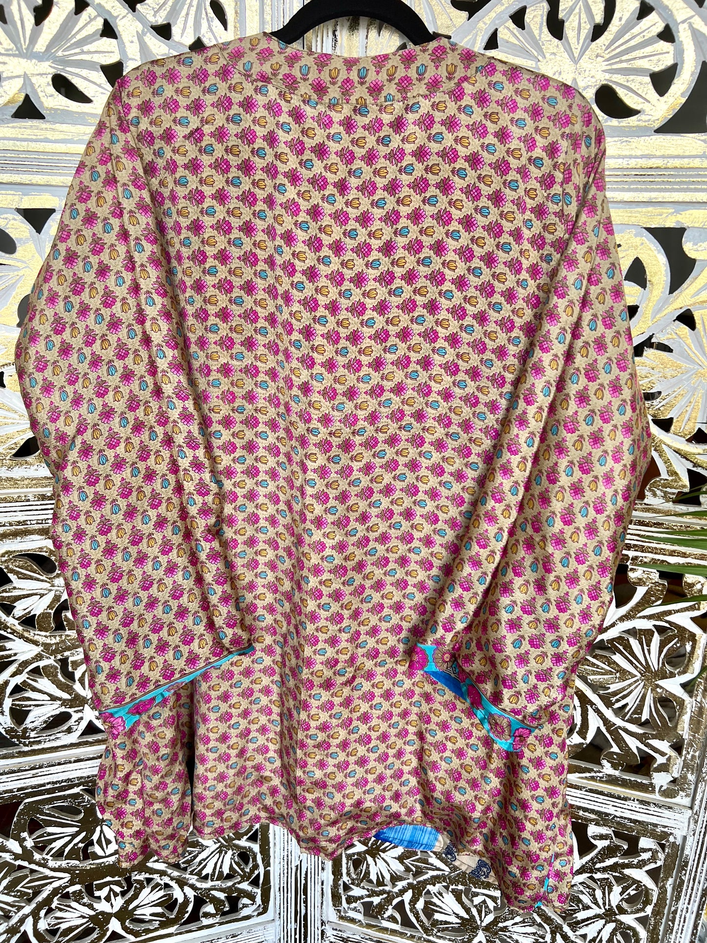 Short Silk Kimono Robe (reversible) - Blue & Pink