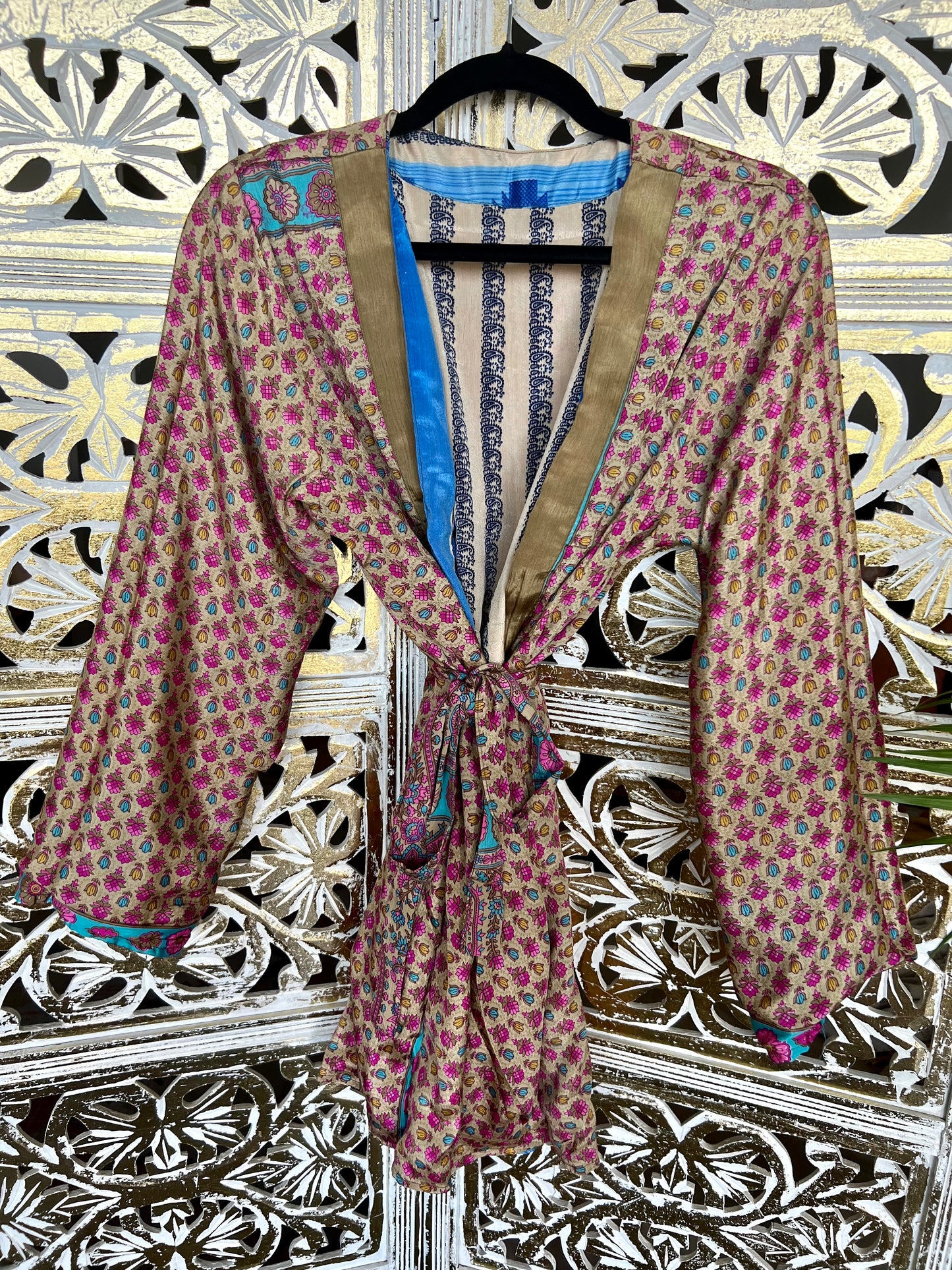 Short Silk Kimono Robe (reversible) - Blue & Pink