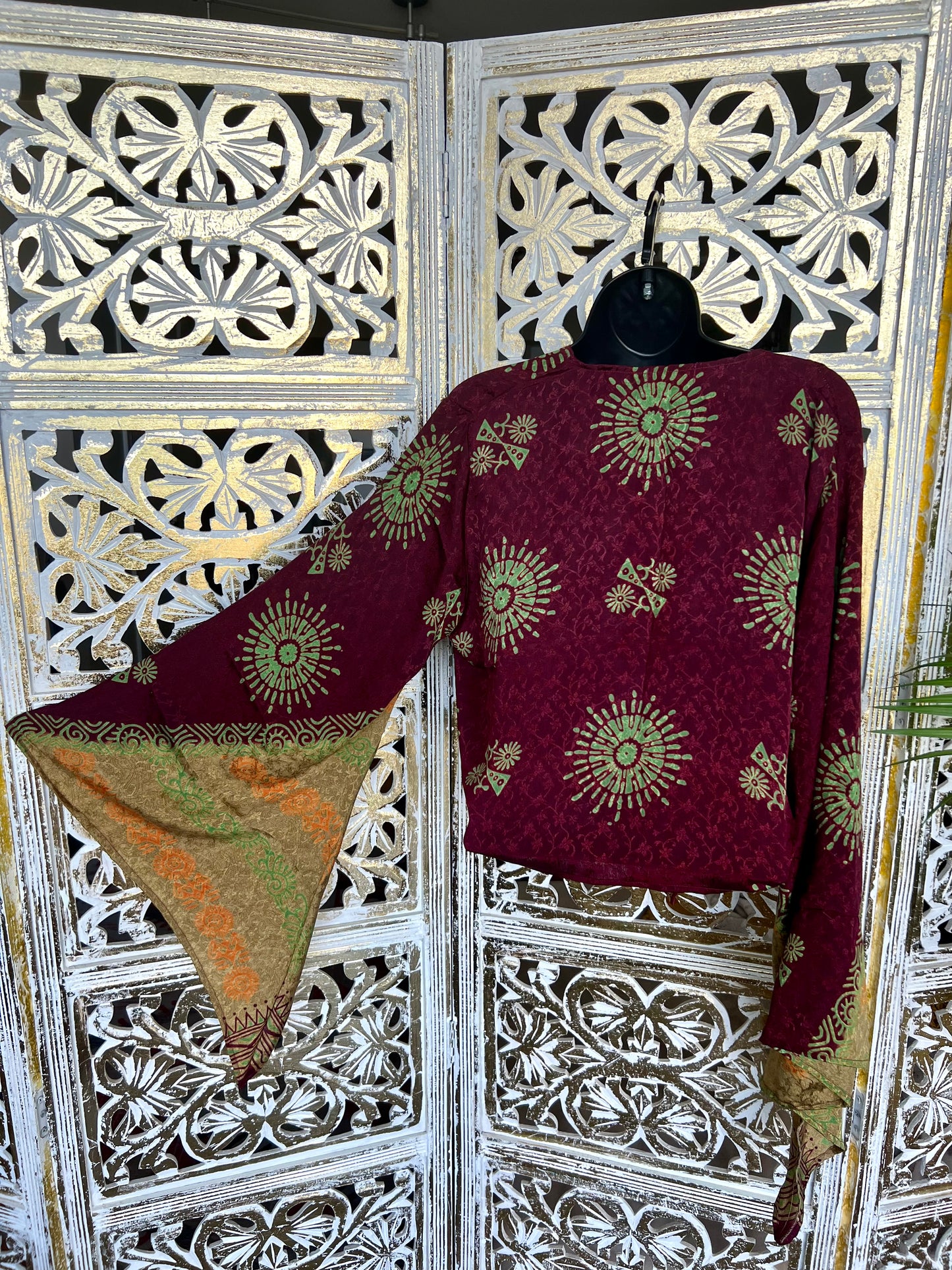 Silk Sari Goddess Top - Maroon & Lime