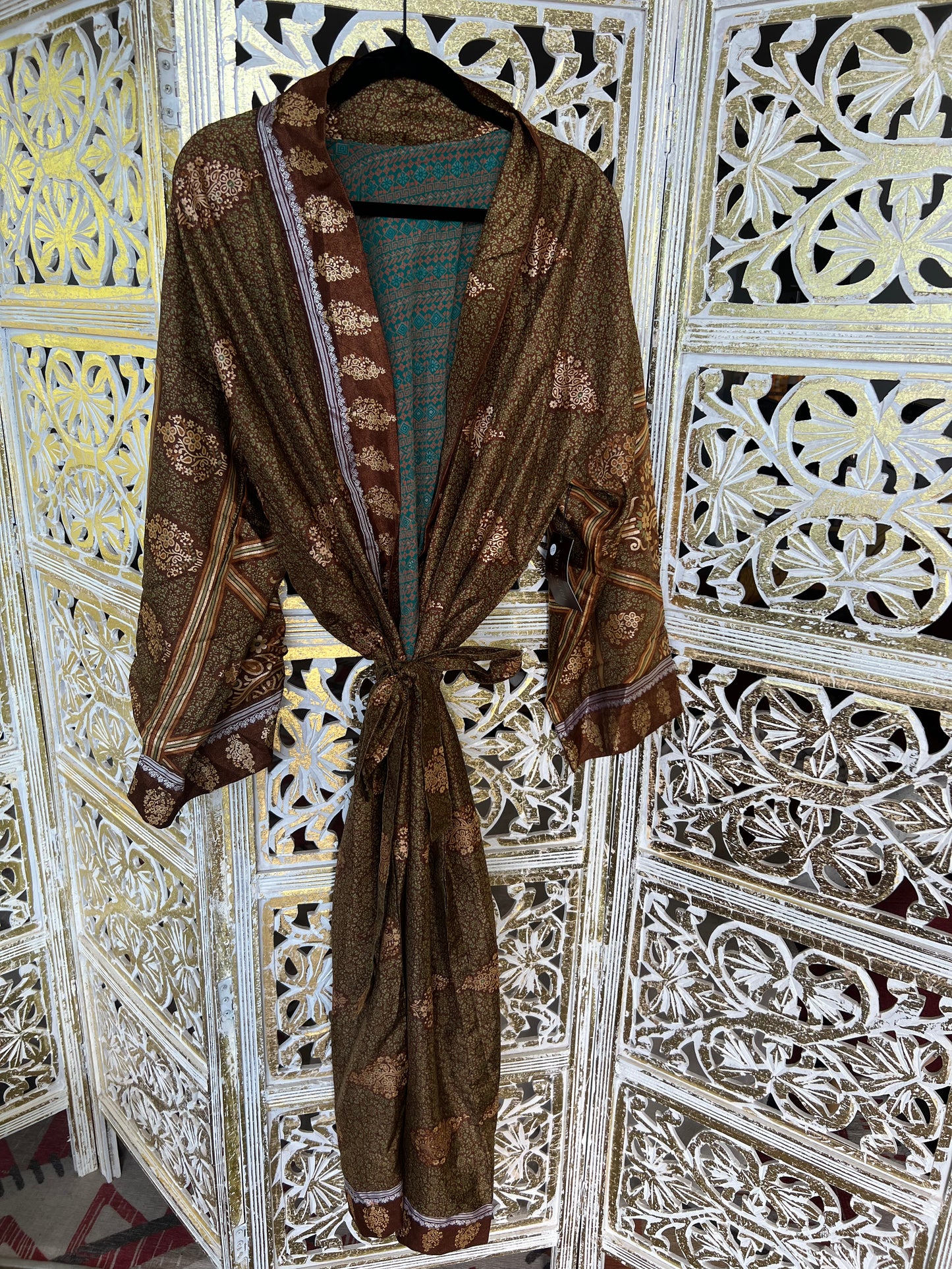 Silk Sari Double Sided Robe - Teal & Brown