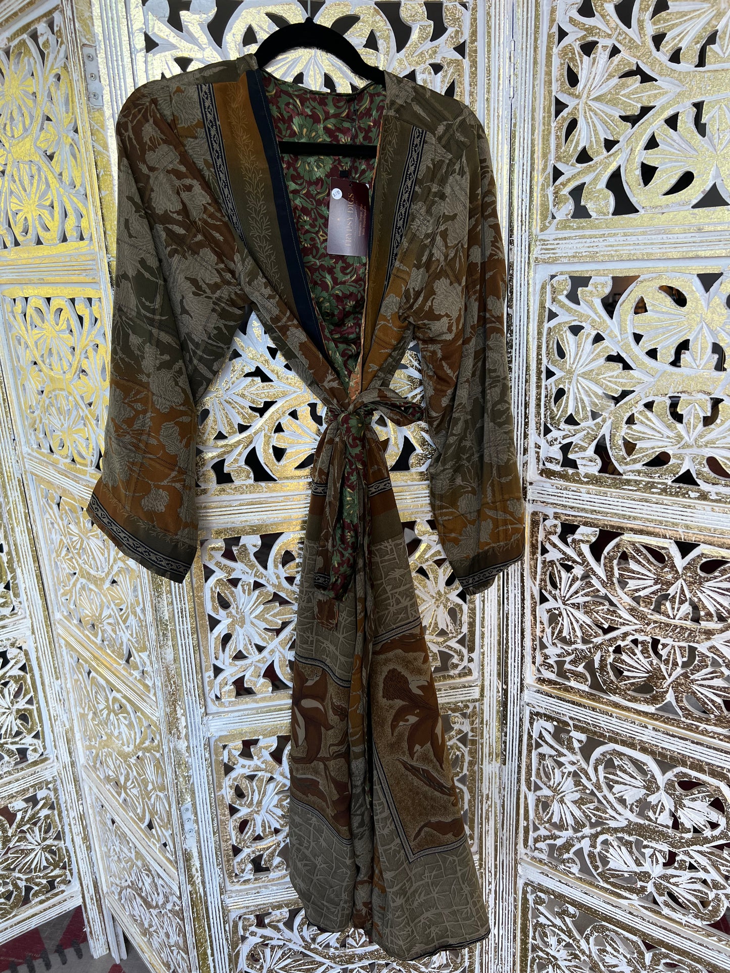 Silk Sari Double Sided Robe - Green & Gold
