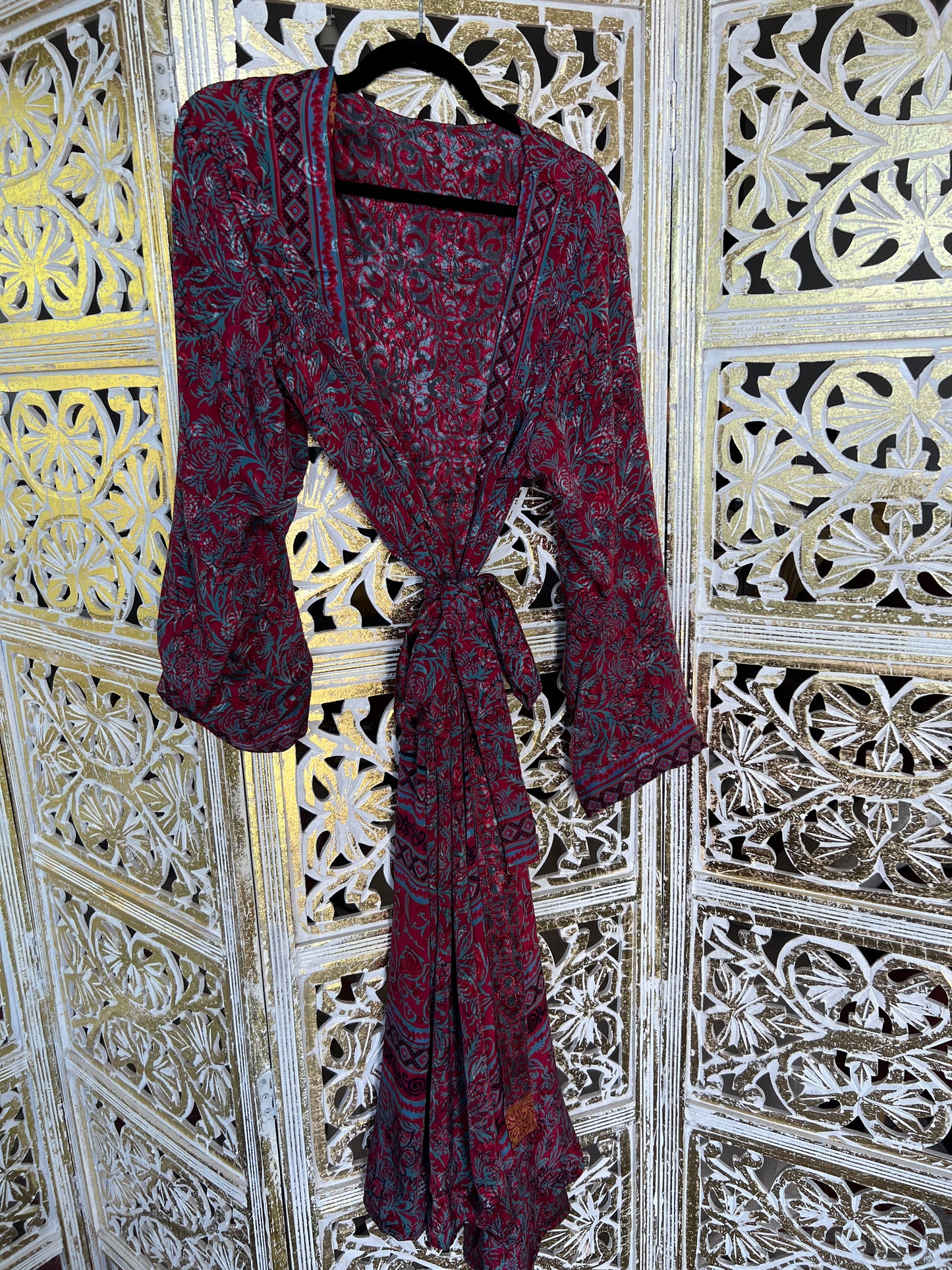 Silk Sari Double Sided Robe - Rose/Grey & Red/Blue