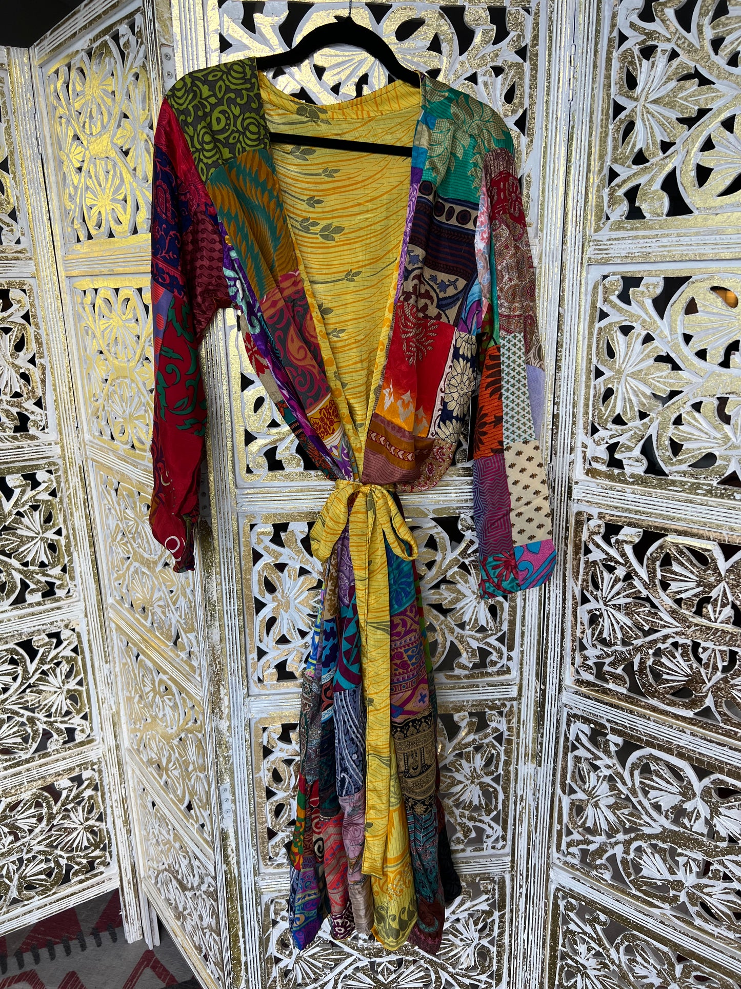 Silk Kimono Robe (reversible) - Yellow & Patchwork