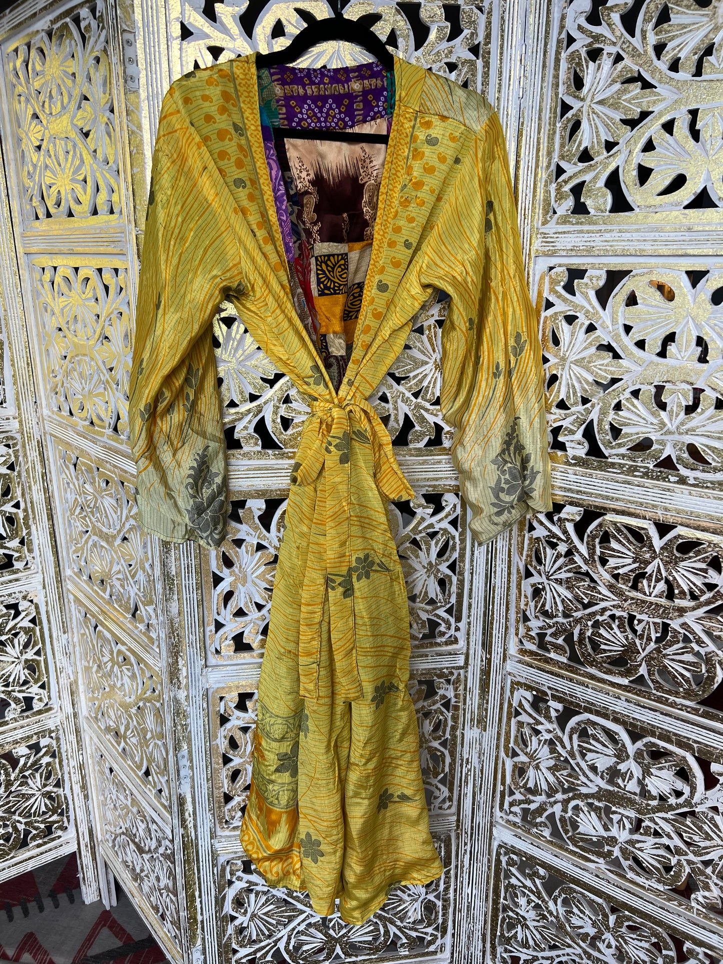 Silk Kimono Robe (reversible) - Yellow & Patchwork